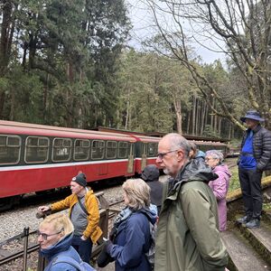 Waiting to cross the tracks for our return trip